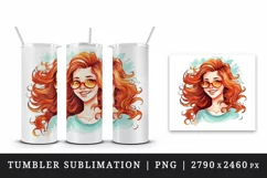 Watercolor smiling woman girl with long wavy red hair and glasses summer print tumbler skinny mug wrap clipart t-shirt sublimation printable design