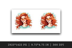 Watercolor smiling woman girl with long wavy red hair and glasses summer print tumbler skinny mug wrap clipart t-shirt sublimation printable design