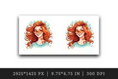 Watercolor smiling woman girl with long wavy red hair and glasses summer print tumbler skinny mug wrap clipart t-shirt sublimation printable design