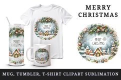 Watercolor snowflakes winter snowy scene round Merry Christmas quote print 20 oz tumbler skinny mug wrap clipart t-shirt sublimation printable design