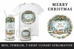 Watercolor snowflakes winter snowy scene round Merry Christmas quote print 20 oz tumbler skinny mug wrap clipart t-shirt sublimation printable design