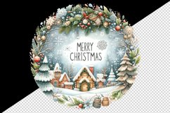 Watercolor snowflakes winter snowy scene round Merry Christmas quote print 20 oz tumbler skinny mug wrap clipart t-shirt sublimation printable design