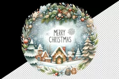 Watercolor snowflakes winter snowy scene round Merry Christmas quote print 20 oz tumbler skinny mug wrap clipart t-shirt sublimation printable design
