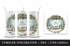 Watercolor snowflakes winter snowy scene round Merry Christmas quote print 20 oz tumbler skinny mug wrap clipart t-shirt sublimation printable design
