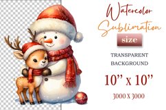 Download this charming watercolor clipart featuring a snowman and reindeer for your holiday projects! Perfect for cards, scrapbooking, and decorations. High-quality 300 dpi, transparent background. Bring warmth and magic to your Christmas designs.