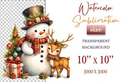 Download this charming watercolor clipart featuring a snowman and reindeer for your holiday projects! Perfect for cards, scrapbooking, and decorations. High-quality 300 dpi, transparent background. Bring warmth and magic to your Christmas designs.