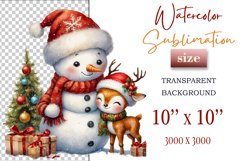 Download this charming watercolor clipart featuring a snowman and reindeer for your holiday projects! Perfect for cards, scrapbooking, and decorations. High-quality 300 dpi, transparent background. Bring warmth and magic to your Christmas designs.
