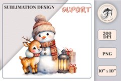 Download this charming watercolor clipart featuring a snowman and reindeer for your holiday projects! Perfect for cards, scrapbooking, and decorations. High-quality 300 dpi, transparent background. Bring warmth and magic to your Christmas designs.
