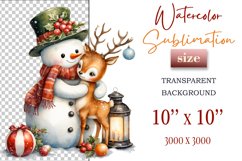 Download this charming watercolor clipart featuring a snowman and reindeer for your holiday projects! Perfect for cards, scrapbooking, and decorations. High-quality 300 dpi, transparent background. Bring warmth and magic to your Christmas designs.