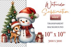 Download this charming watercolor clipart featuring a snowman and reindeer for your holiday projects! Perfect for cards, scrapbooking, and decorations. High-quality 300 dpi, transparent background. Bring warmth and magic to your Christmas designs.
