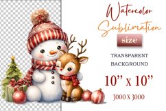 Download this charming watercolor clipart featuring a snowman and reindeer for your holiday projects! Perfect for cards, scrapbooking, and decorations. High-quality 300 dpi, transparent background. Bring warmth and magic to your Christmas designs.