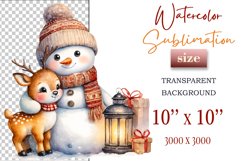 Download this charming watercolor clipart featuring a snowman and reindeer for your holiday projects! Perfect for cards, scrapbooking, and decorations. High-quality 300 dpi, transparent background. Bring warmth and magic to your Christmas designs.