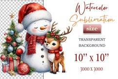 Download this charming watercolor clipart featuring a snowman and reindeer for your holiday projects! Perfect for cards, scrapbooking, and decorations. High-quality 300 dpi, transparent background. Bring warmth and magic to your Christmas designs.