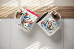 Watercolor snowman colorful scarf hat snowflakes Happy Holidays quote print 20 oz tumbler skinny mug wrap clipart t-shirt sublimation printable design