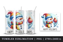 Watercolor snowman colorful scarf hat snowflakes Happy Holidays quote print 20 oz tumbler skinny mug wrap clipart t-shirt sublimation printable design