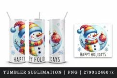 Watercolor snowman colorful scarf hat snowflakes Happy Holidays quote print 20 oz tumbler skinny mug wrap clipart t-shirt sublimation printable design
