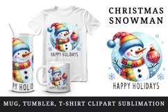 Watercolor snowman colorful scarf hat snowflakes Happy Holidays quote print 20 oz tumbler skinny mug wrap clipart t-shirt sublimation printable design
