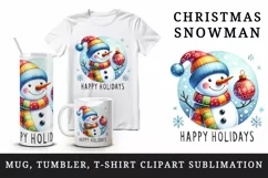 Watercolor snowman colorful scarf hat snowflakes Happy Holidays quote print 20 oz tumbler skinny mug wrap clipart t-shirt sublimation printable design
