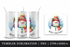 Watercolor snowman colorful scarf hat snowflakes Merry Christmas quote print 20oz tumbler skinny mug wrap clipart t-shirt sublimation printable design