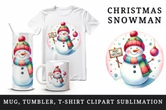 Watercolor snowman colorful scarf holding sign Merry Christmas quote print 20 oz tumbler skinny mug wrap clipart t-shirt sublimation printable design