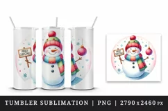 Watercolor snowman colorful scarf holding sign Merry Christmas quote print 20 oz tumbler skinny mug wrap clipart t-shirt sublimation printable design