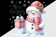 Watercolor snowman holding gift snow falling Merry Christmas quote print 20 oz tumbler skinny mug wrap clipart t-shirt sublimation printable design
