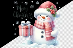 Watercolor snowman holding gift snow falling Merry Christmas quote print 20 oz tumbler skinny mug wrap clipart t-shirt sublimation printable design