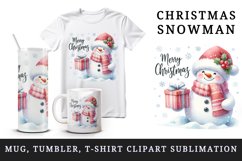 Watercolor snowman holding gift snow falling Merry Christmas quote print 20 oz tumbler skinny mug wrap clipart t-shirt sublimation printable design