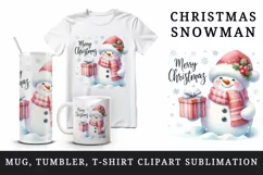 Watercolor snowman holding gift snow falling Merry Christmas quote print 20 oz tumbler skinny mug wrap clipart t-shirt sublimation printable design