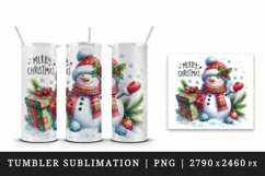 Watercolor snowman holding gift snow falling Merry Christmas quote print 20 oz tumbler skinny mug wrap clipart t-shirt sublimation printable design
