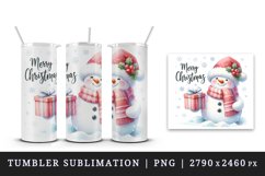 Watercolor snowman holding gift snow falling Merry Christmas quote print 20 oz tumbler skinny mug wrap clipart t-shirt sublimation printable design