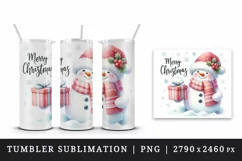 Watercolor snowman holding gift snow falling Merry Christmas quote print 20 oz tumbler skinny mug wrap clipart t-shirt sublimation printable design