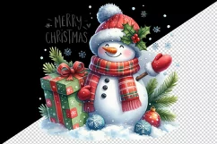 Watercolor snowman holding gift snow falling Merry Christmas quote print 20 oz tumbler skinny mug wrap clipart t-shirt sublimation printable design