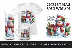 Watercolor snowman holding gift snow falling Merry Christmas quote print 20 oz tumbler skinny mug wrap clipart t-shirt sublimation printable design