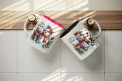 Watercolor snowman holding gift snow falling Merry Christmas quote print 20 oz tumbler skinny mug wrap clipart t-shirt sublimation printable design