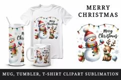 Watercolor snowman reindeer twinkling lights Merry Christmas quote print 20 oz tumbler skinny mug wrap clipart t-shirt sublimation printable design