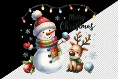 Watercolor snowman reindeer twinkling lights Merry Christmas quote print 20 oz tumbler skinny mug wrap clipart t-shirt sublimation printable design