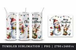 Watercolor snowman reindeer twinkling lights Merry Christmas quote print 20 oz tumbler skinny mug wrap clipart t-shirt sublimation printable design