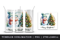 Watercolor snowman scarf decorated tree round Merry Christmas quote print 20 oz tumbler skinny mug wrap clipart t-shirt sublimation printable design