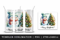 Watercolor snowman scarf decorated tree round Merry Christmas quote print 20 oz tumbler skinny mug wrap clipart t-shirt sublimation printable design