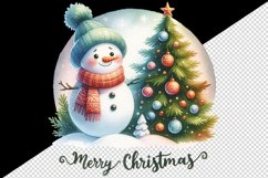 Watercolor snowman scarf decorated tree round Merry Christmas quote print 20 oz tumbler skinny mug wrap clipart t-shirt sublimation printable design