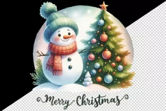 Watercolor snowman scarf decorated tree round Merry Christmas quote print 20 oz tumbler skinny mug wrap clipart t-shirt sublimation printable design