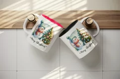 Watercolor snowman scarf decorated tree round Merry Christmas quote print 20 oz tumbler skinny mug wrap clipart t-shirt sublimation printable design