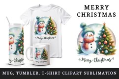 Watercolor snowman scarf decorated tree round Merry Christmas quote print 20 oz tumbler skinny mug wrap clipart t-shirt sublimation printable design