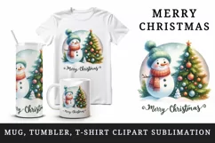 Watercolor snowman scarf decorated tree round Merry Christmas quote print 20 oz tumbler skinny mug wrap clipart t-shirt sublimation printable design