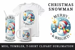 Watercolor snowman scarf star-topped wand Merry and Bright quote print 20 oz tumbler skinny mug wrap clipart t-shirt sublimation printable design