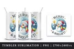 Watercolor snowman scarf star-topped wand Merry and Bright quote print 20 oz tumbler skinny mug wrap clipart t-shirt sublimation printable design