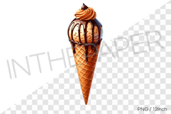 Dark chocolate syrup dripping twisted soft waffle cone PNG Product Image 1