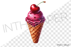 Cherry topping rich magenta scoop waffle cone PNG dessert Product Image 1