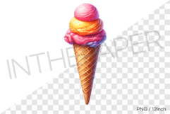 Three flavor stacked multi color scoops waffle cone PNG Art Product Image 1